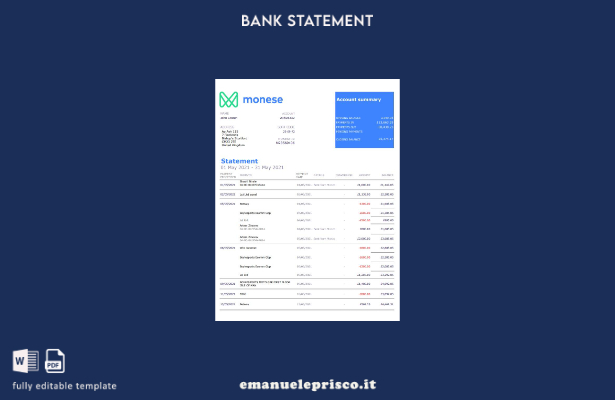 modello Excel di estratto conto bancario Monese in stile verificato del Regno Un